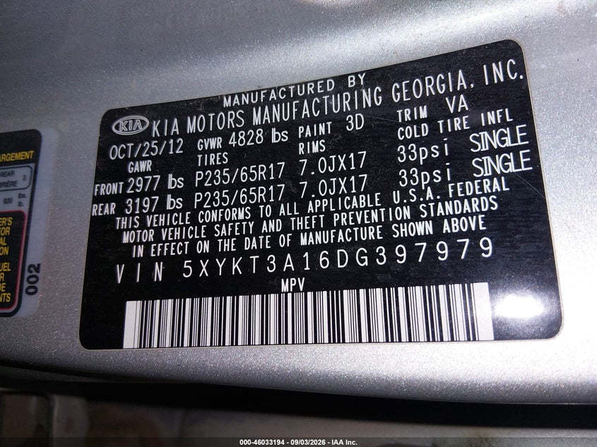 KIA SORENTO 2013 VIN 5XYKT3A16DG397979