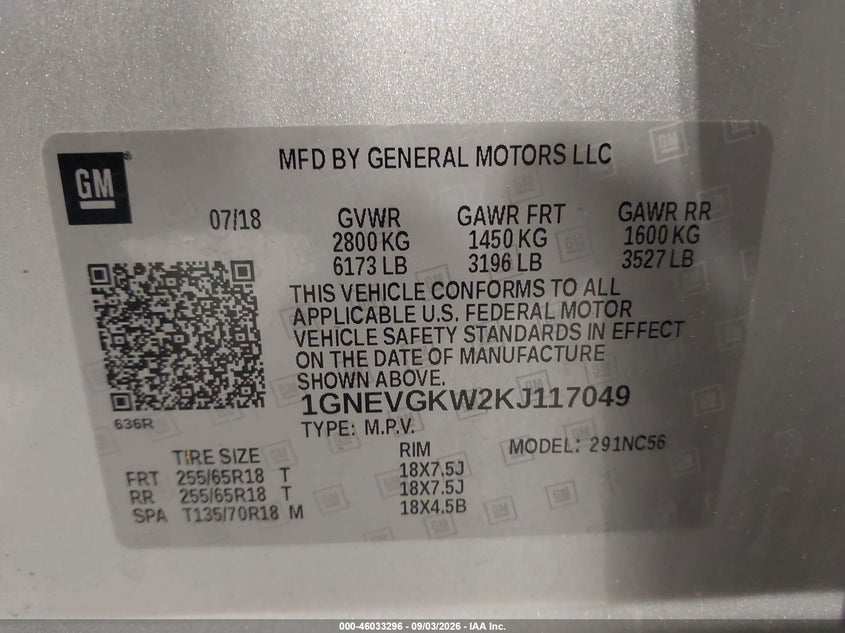 CHEVROLET TRAVERSE 2019 VIN 1GNEVGKW2KJ117049