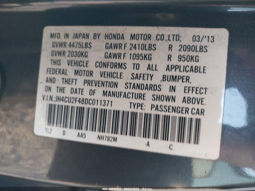 ACURA TSX 2013 VIN JH4CU2F48DC011371