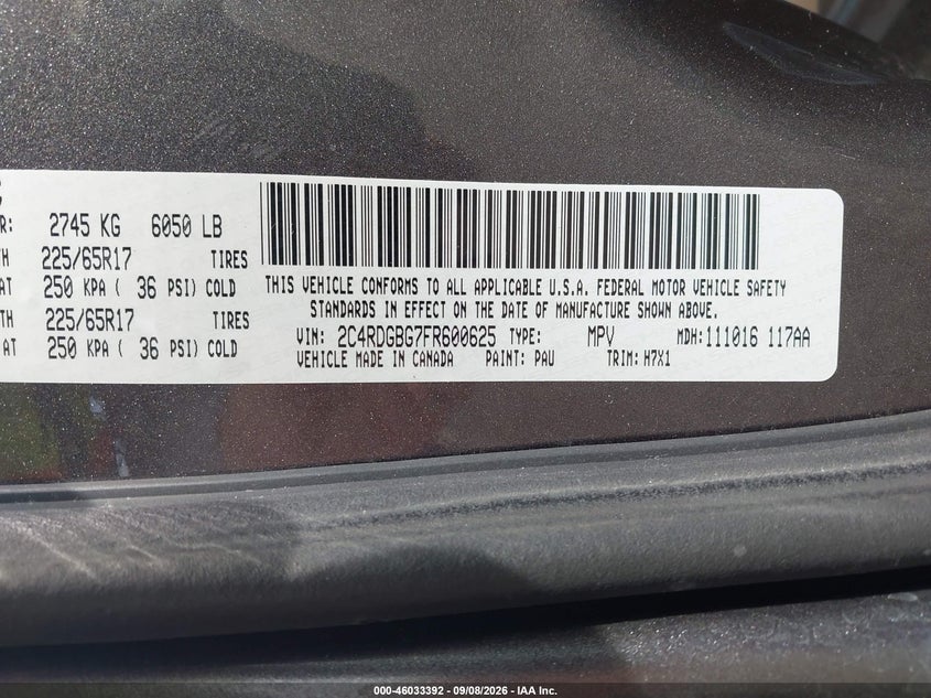DODGE GRAND CARAVAN 2015 VIN 2C4RDGBG7FR600625