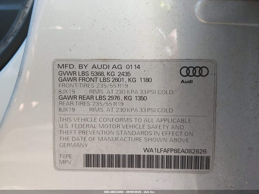 AUDI Q5 2014 VIN WA1LFAFP8EA082626