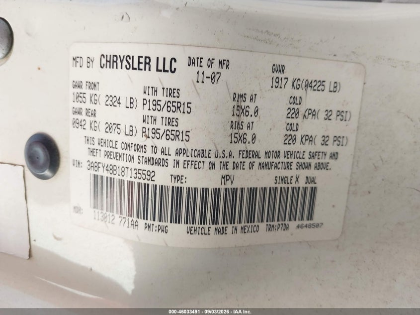 CHRYSLER PT CRUISER 2008 VIN 3A8FY48B18T135592
