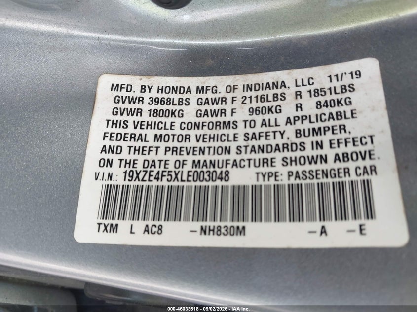 HONDA INSIGHT 2020 VIN 19XZE4F5XLE003048