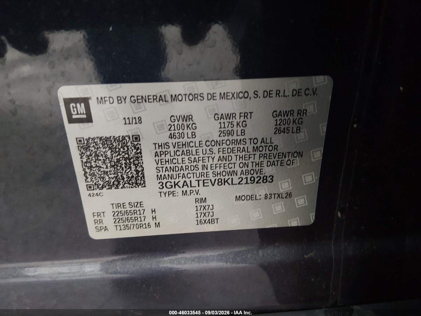 GMC TERRAIN 2019 VIN 3GKALTEV8KL219283