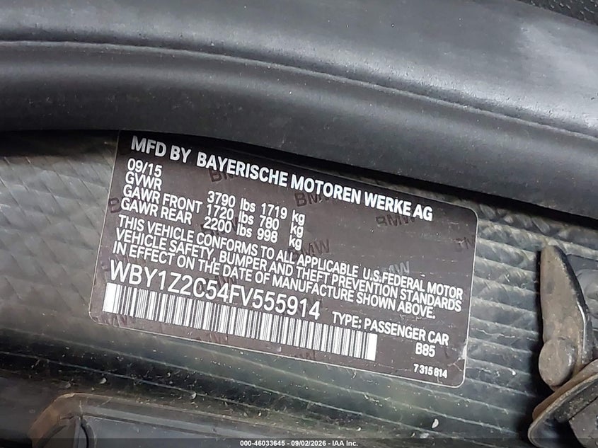 BMW I3 2015 VIN WBY1Z2C54FV555914