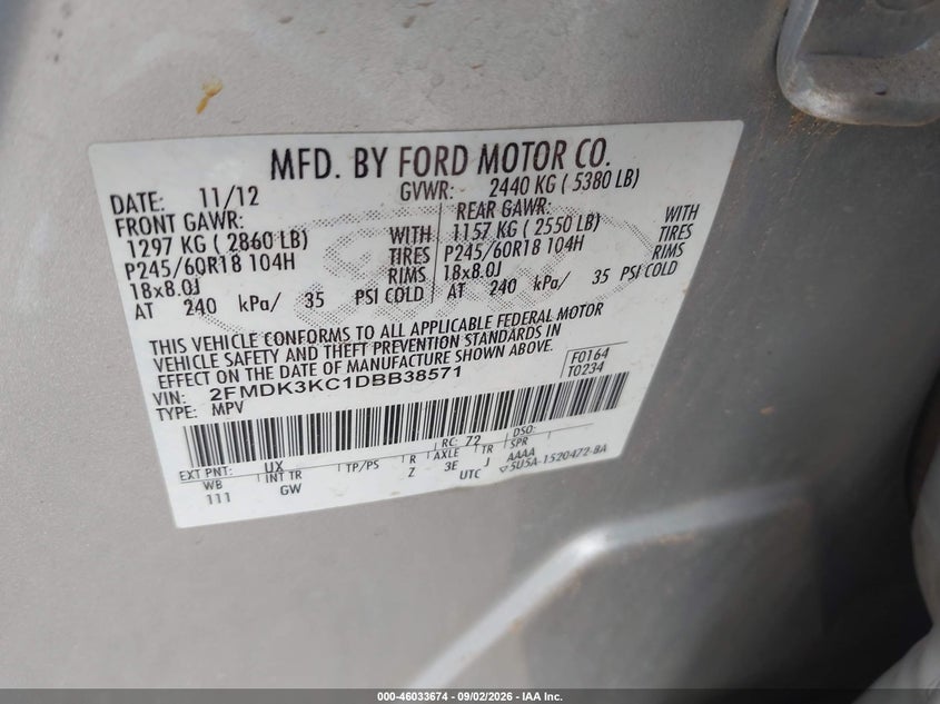 FORD EDGE 2013 VIN 2FMDK3KC1DBB38571