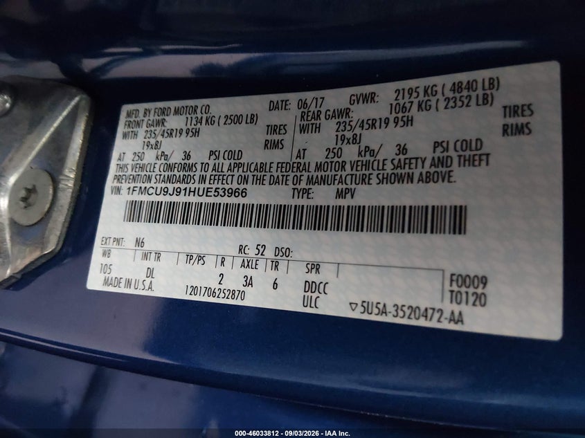 2017 FORD ESCAPE SPORT UTILITY VEHICLE 2.0L I4 FI DOHC 16V NF4