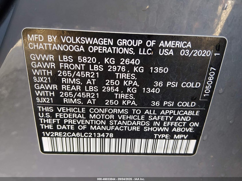 VOLKSWAGEN ATLAS CROSS SPORT 2020 VIN 1V2RE2CA6LC213478
