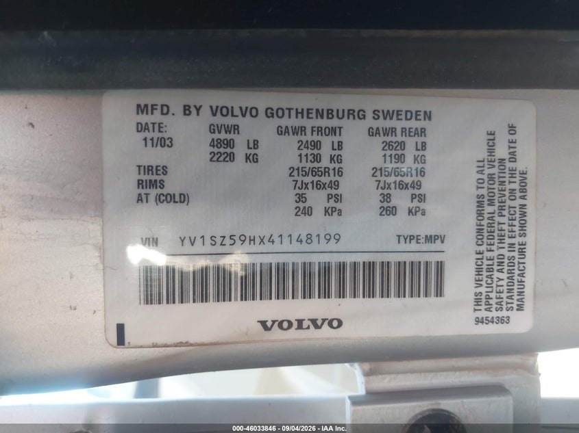 VOLVO XC70 2004 VIN YV1SZ59HX41148199