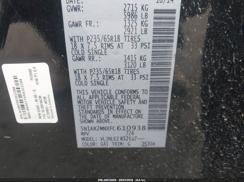NISSAN PATHFINDER 2015 VIN 5N1AR2MNXFC610938