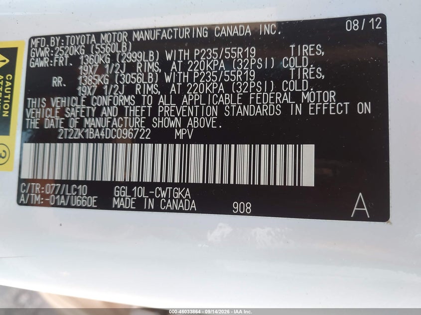 LEXUS RX 350 2013 VIN 2T2ZK1BA4DC096722