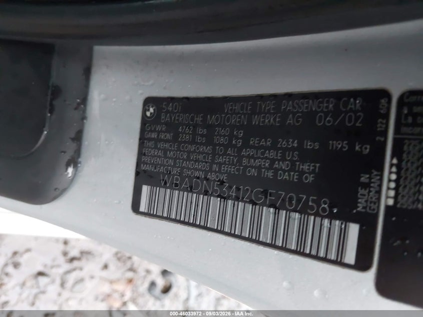 BMW 540I 2002 VIN WBADN53412GF70758