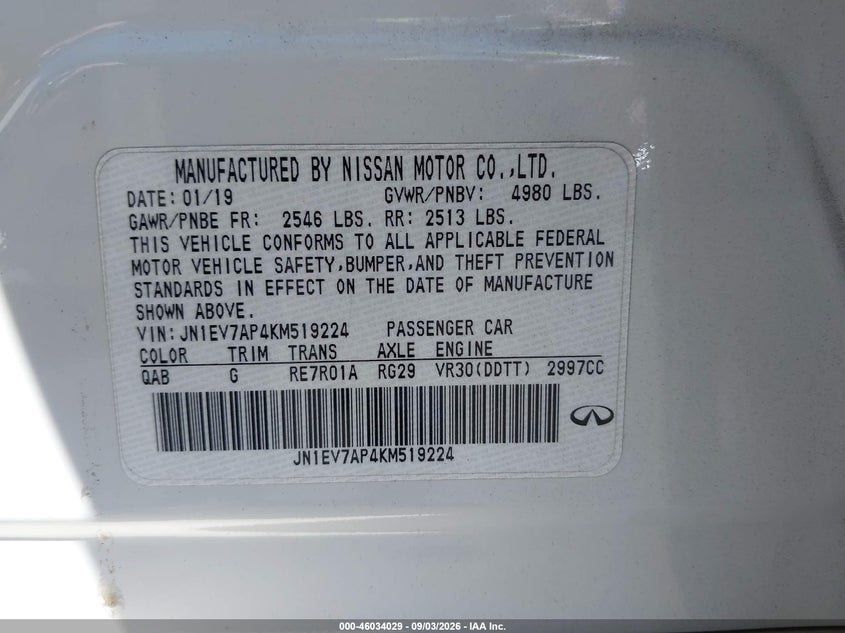 INFINITI Q50 2019 VIN JN1EV7AP4KM519224