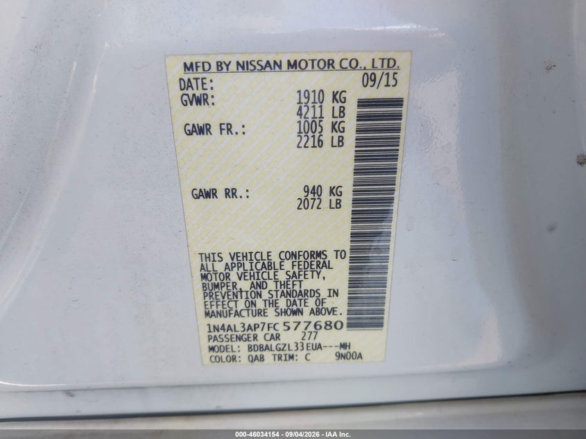 NISSAN ALTIMA 2015 VIN 1N4AL3AP7FC577680