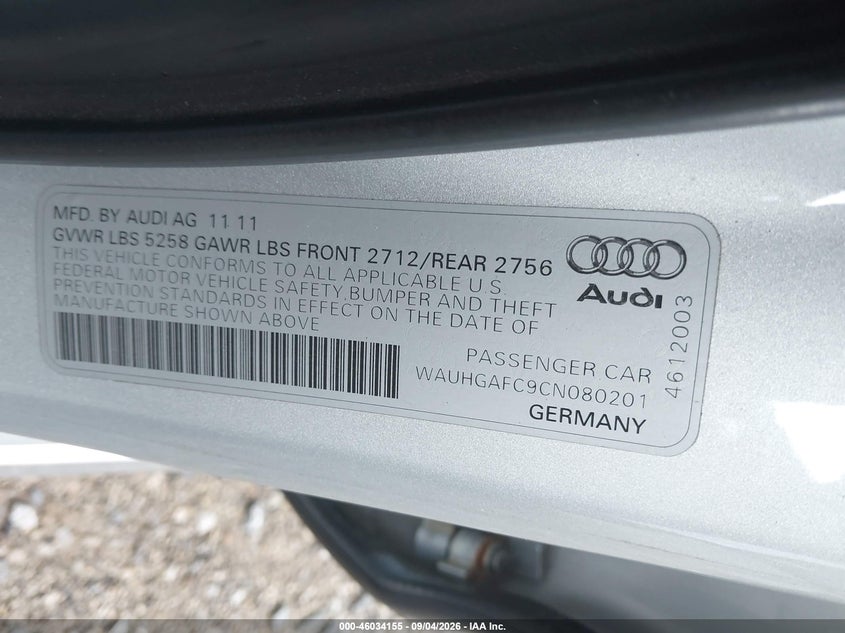 AUDI A6 2012 VIN WAUHGAFC9CN080201