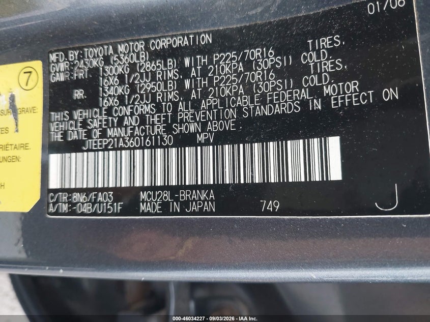 TOYOTA HIGHLANDER 2006 VIN JTEEP21A360161130