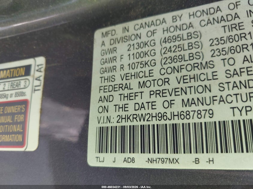 2018 HONDA CR-V SPORT UTILITY VEHICLE 1.5L I-4 DI, DOHC, VVT, TURBO, REGULAR , 190HP