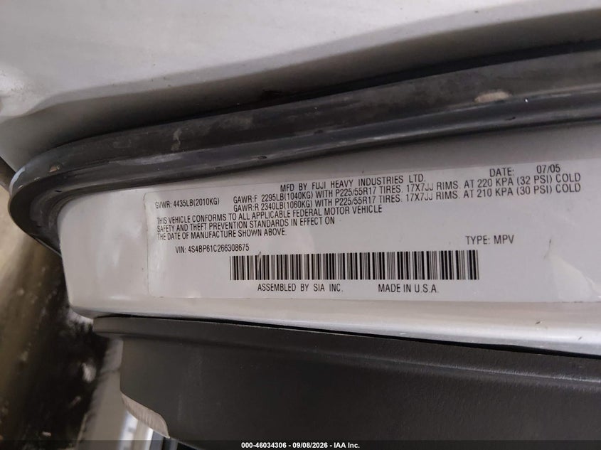 SUBARU OUTBACK 2006 VIN 4S4BP61C266308675