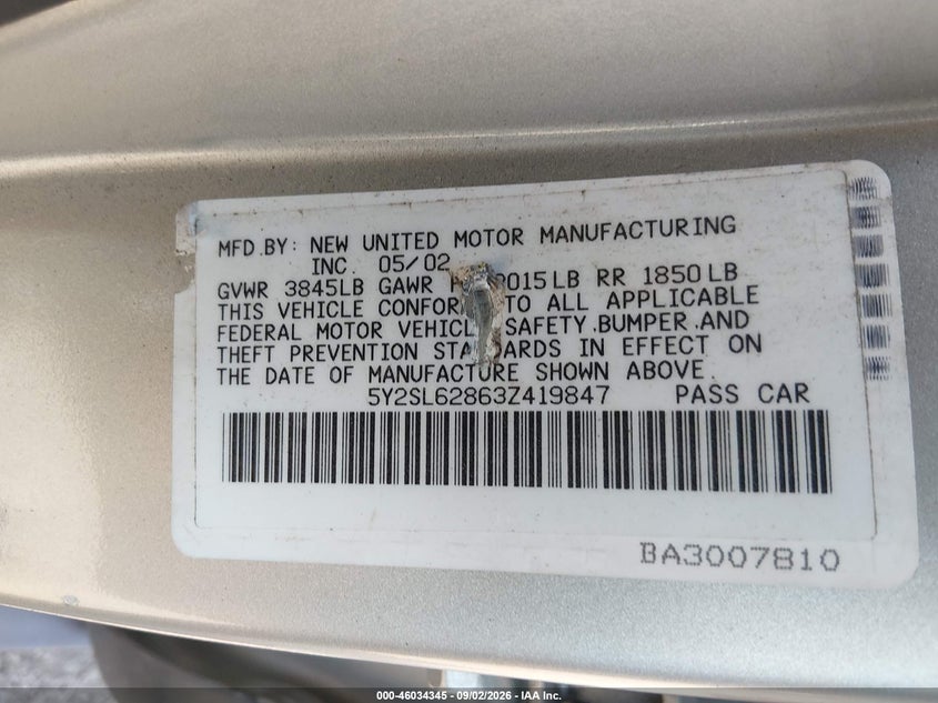 PONTIAC VIBE 2003 VIN 5Y2SL62863Z419847