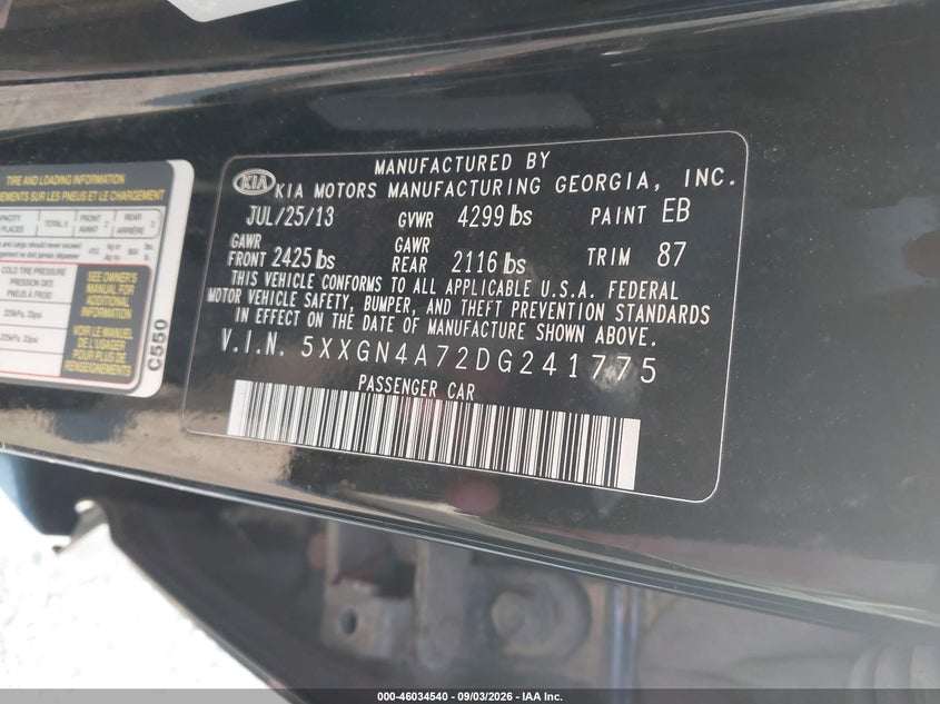 KIA OPTIMA 2013 VIN 5XXGN4A72DG241775