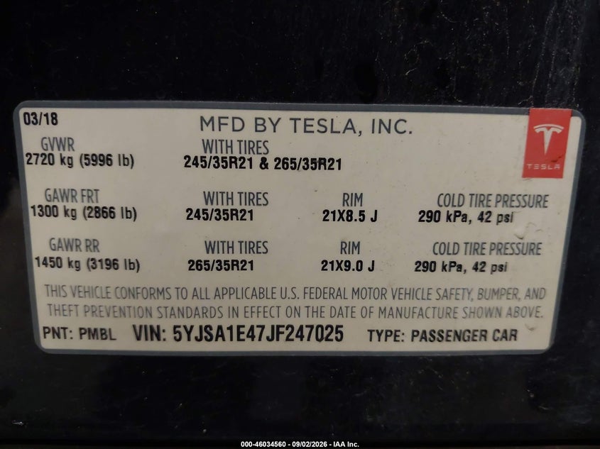 TESLA MODEL S 2018 VIN 5YJSA1E47JF247025
