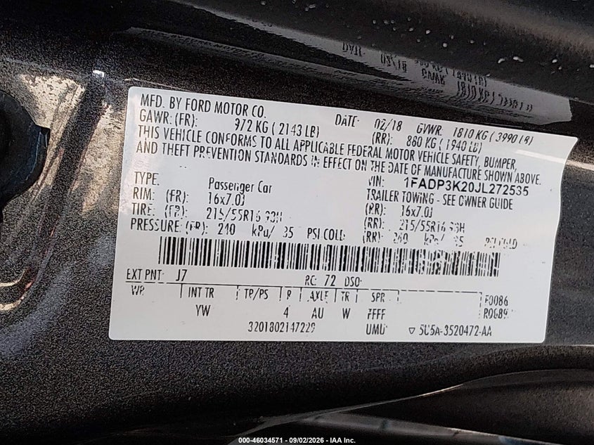FORD FOCUS 2018 VIN 1FADP3K20JL272535