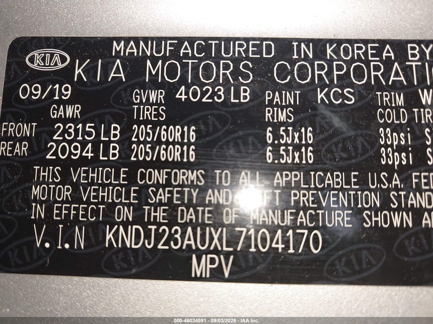 KIA SOUL 2020 VIN KNDJ23AUXL7104170