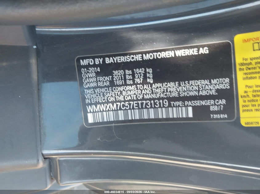 MINI HARDTOP 2014 VIN WMWXM7C57ET731319