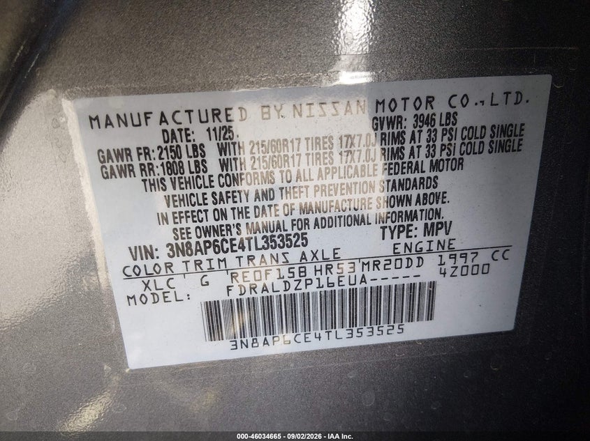 NISSAN KICKS 2026 VIN 3N8AP6CE4TL353525