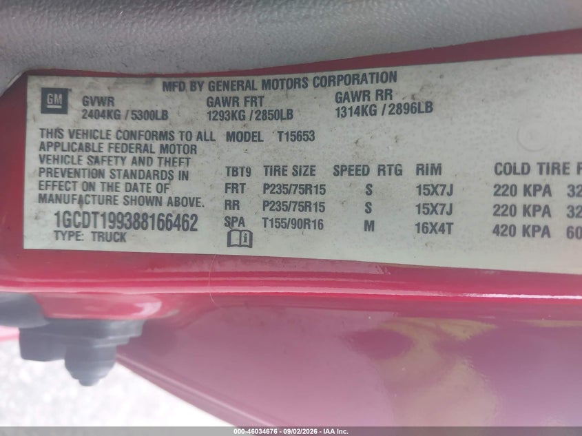 CHEVROLET COLORADO 2008 VIN 1GCDT199388166462