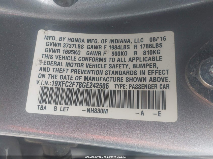 2016 HONDA CIVIC SEDAN 2.0L I-4 DOHC, VVT, REGULAR , 158HP