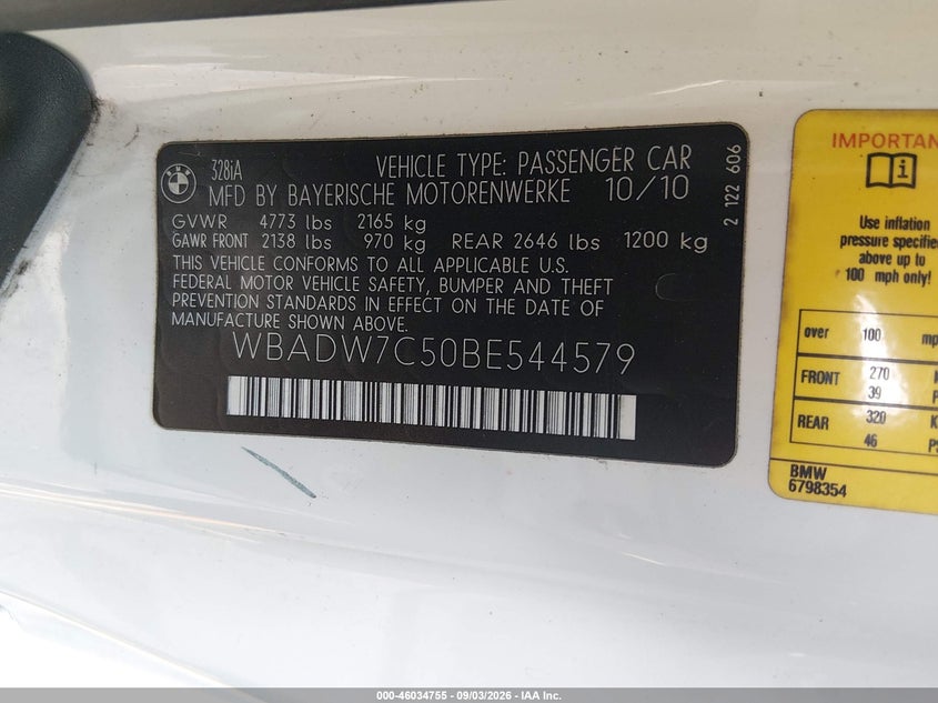 BMW 328I 2011 VIN WBADW7C50BE544579