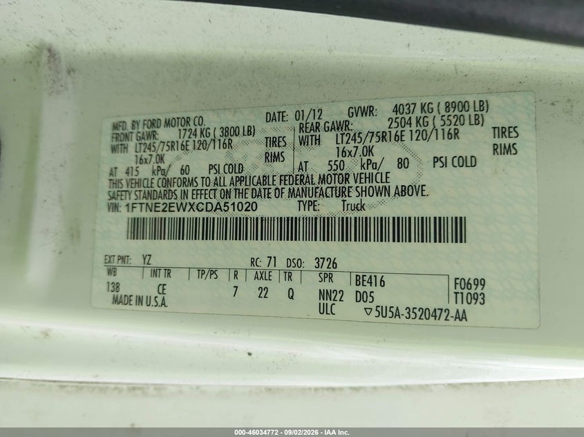 FORD E-250 2012 VIN 1FTNE2EWXCDA51020