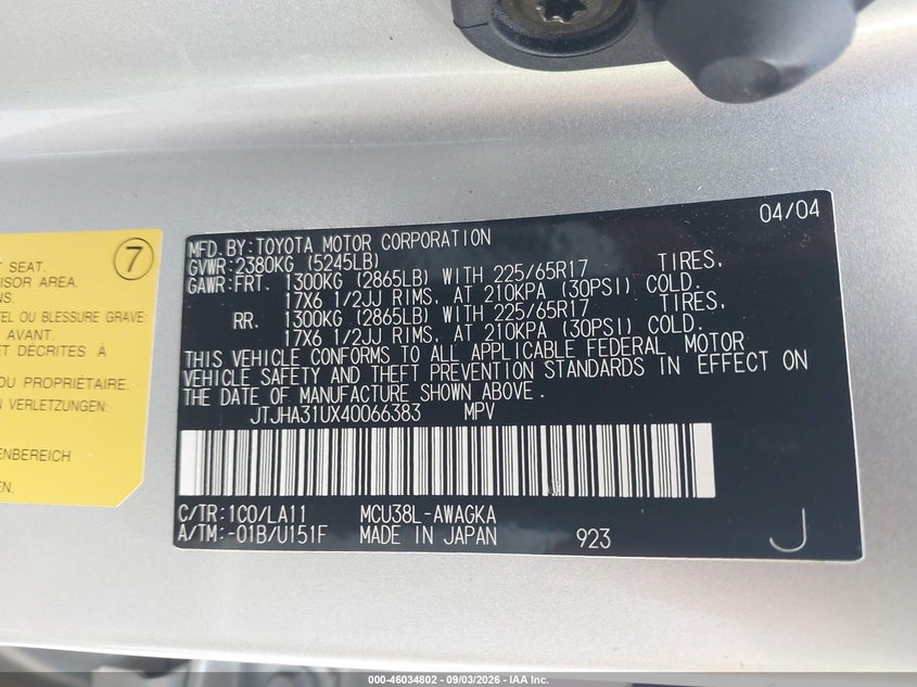 LEXUS RX 330 2004 VIN JTJHA31UX40066383