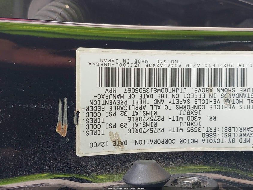 LEXUS LX 470 2001 VIN JTJHT00W813505067