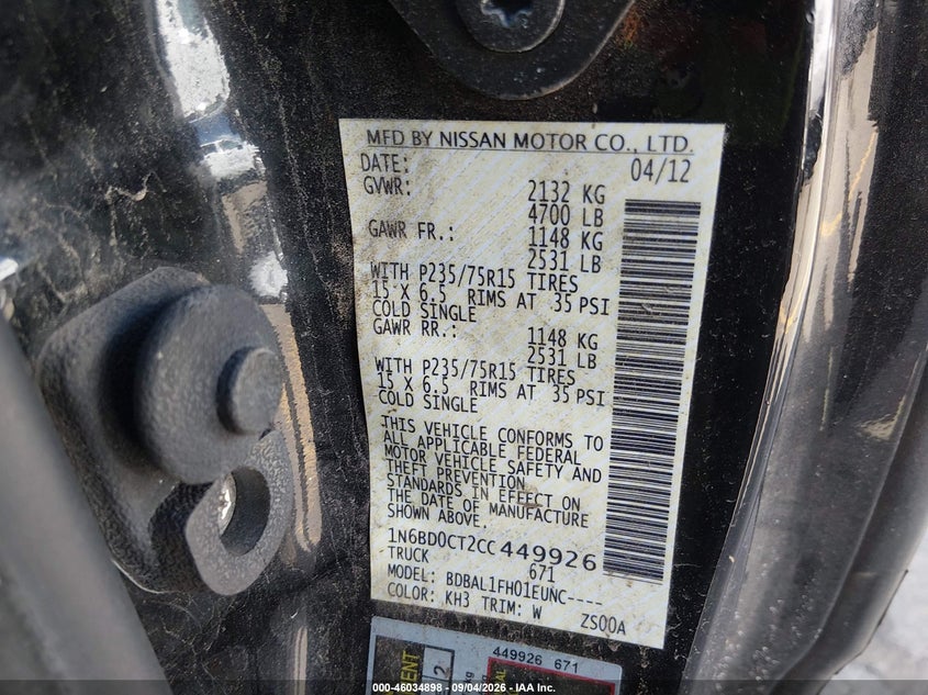2012 NISSAN NAVARA (FRONTIER) PICKUP 2.5L I-4 DOHC, VVT, REGULAR , 152HP