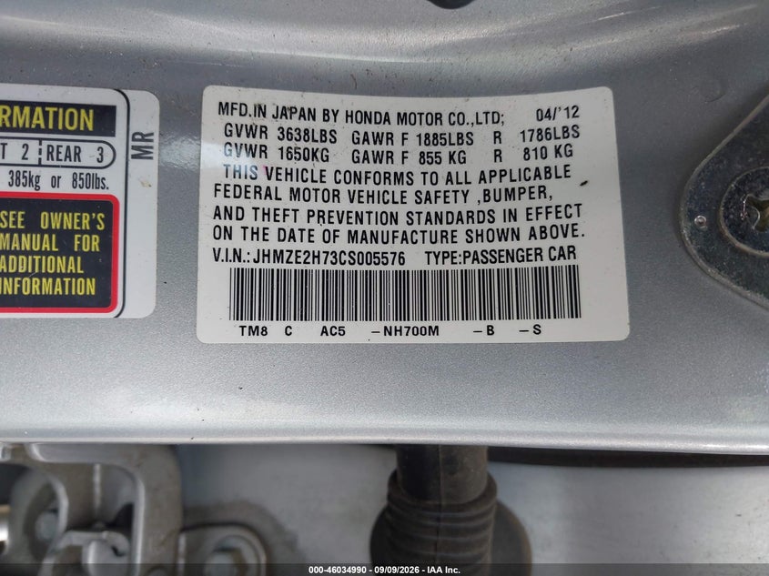 HONDA INSIGHT 2012 VIN JHMZE2H73CS005576