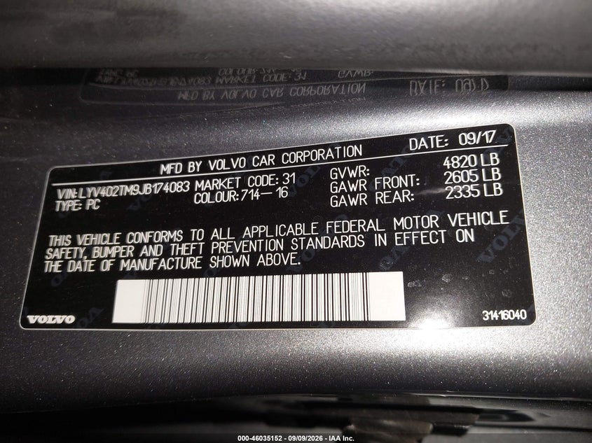 VOLVO S60 INSCRIPTION 2018 VIN LYV402TM9JB174083