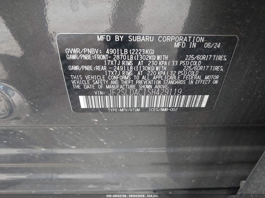 SUBARU FORESTER 2025 VIN JF2SLDAC1SH429119