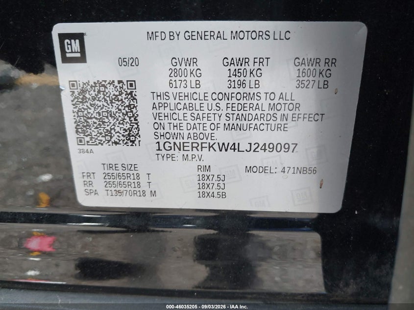 CHEVROLET TRAVERSE 2020 VIN 1GNERFKW4LJ249097