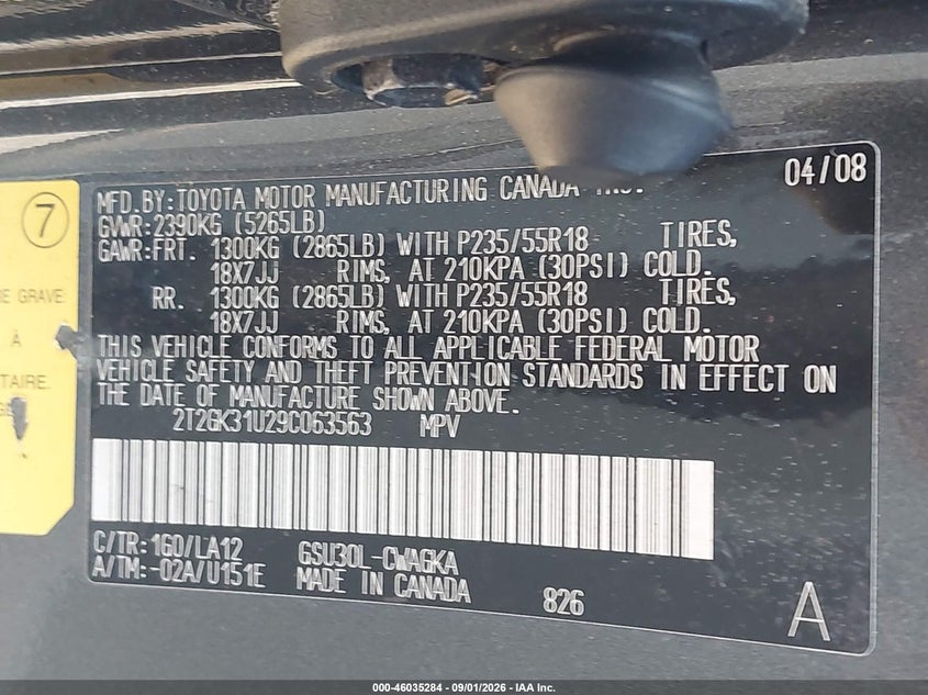 LEXUS RX 350 2009 VIN 2T2GK31U29C063563