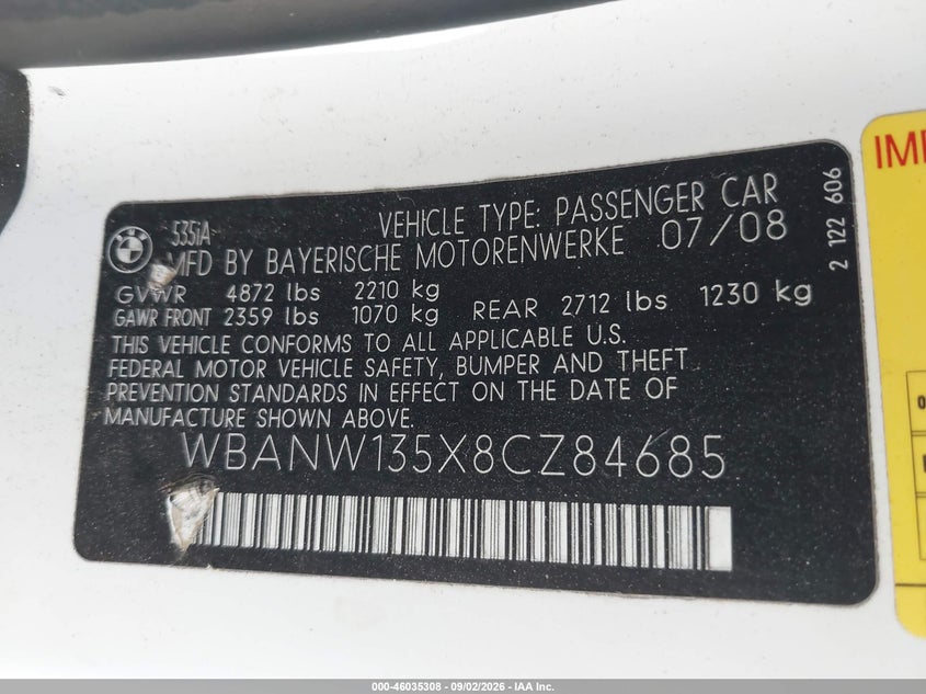 BMW 535I 2008 VIN WBANW135X8CZ84685