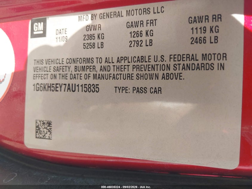 CADILLAC DTS 2010 VIN 1G6KH5EY7AU115835