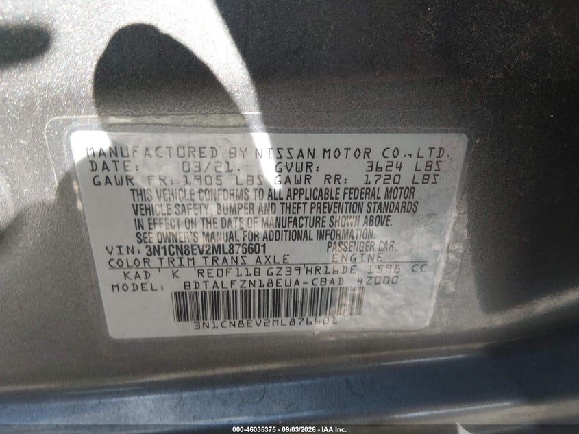 NISSAN VERSA 2021 VIN 3N1CN8EV2ML876601