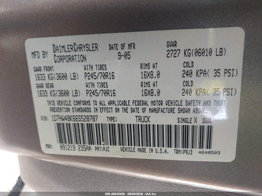 DODGE DAKOTA 2006 VIN 1D7HW48K66S528787
