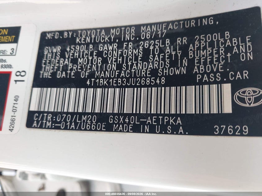 TOYOTA AVALON 2018 VIN 4T1BK1EB3JU268548