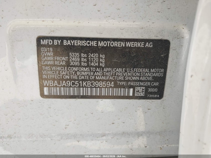 BMW 530E 2019 VIN WBAJA9C51KB398594