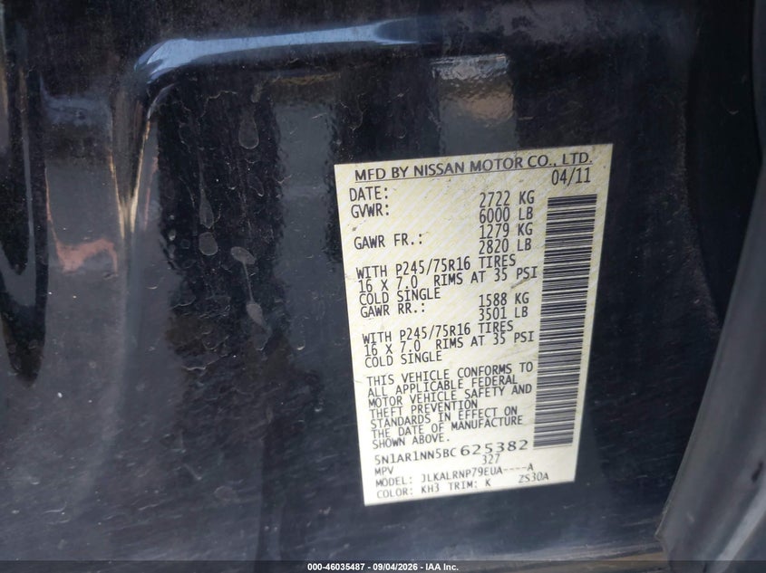 NISSAN PATHFINDER 2011 VIN 5N1AR1NN5BC625382