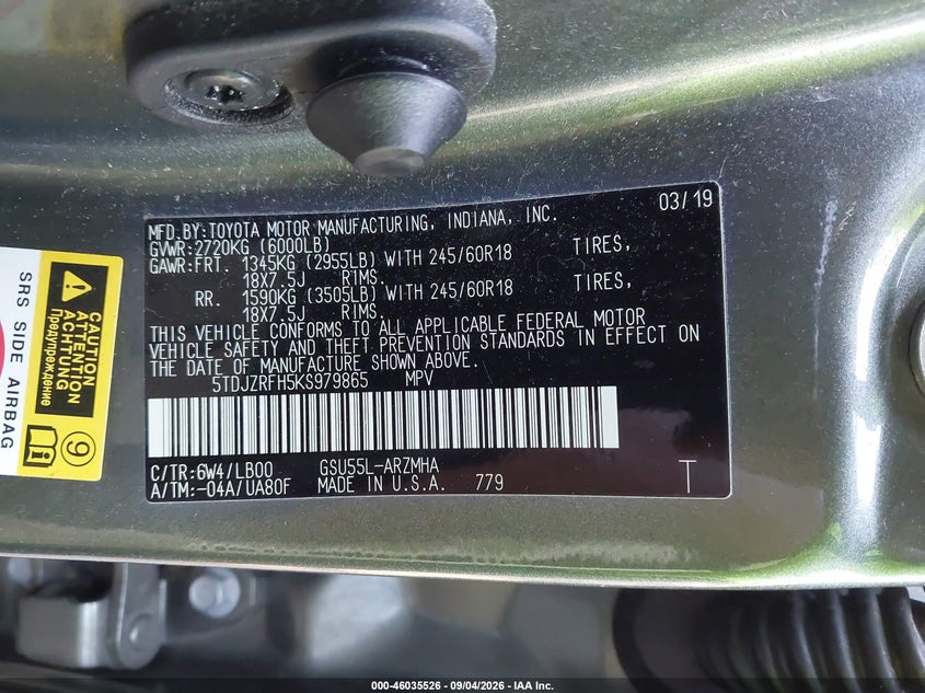 TOYOTA HIGHLANDER 2019 VIN 5TDJZRFH5KS979865