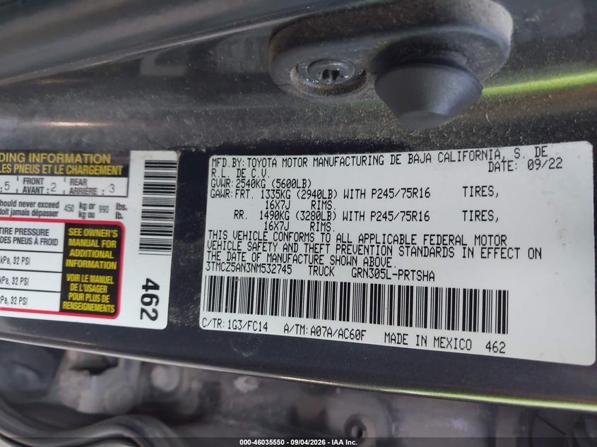 TOYOTA TACOMA 2022 VIN 3TMCZ5AN3NM532745
